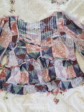 American Eagle Outfitters Patchwork Ruffle Cropped Peplum Top